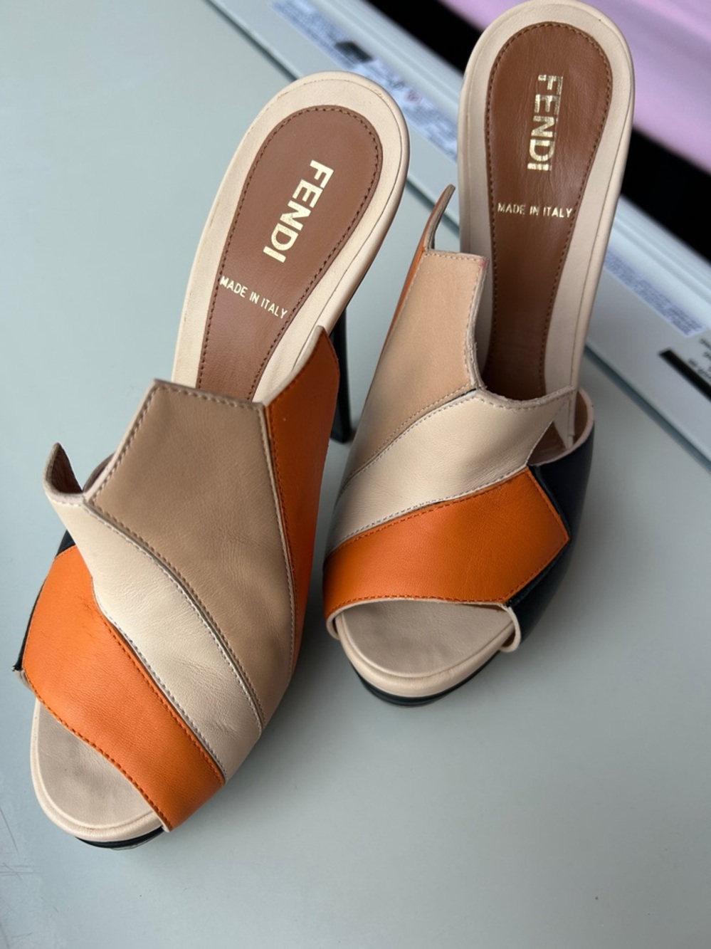 Fendi Tri-Panel Leather Mule Sandals in Orange, Beige & Black - Picture 2 of 6